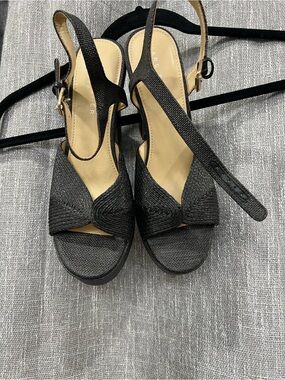 Marc Fisher Black Woven Slingback Wedge Sandals